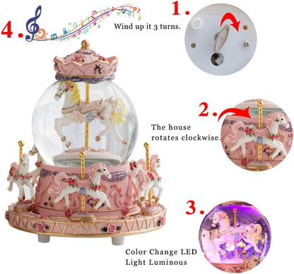 LOVE FOR YOU Musical Snow Globe Carousel | Gift-Wrapped with Ribbon, Colorful Lights & Horses - Perfect for Girls, Women & Kids