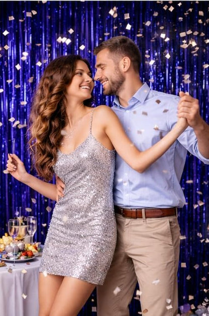 Dark Blue Metallic Foil Fringe Curtain Backdrop by [Brand Name] - 3.2ft x 6.4ft Party Decoration for Birthdays, Weddings & More