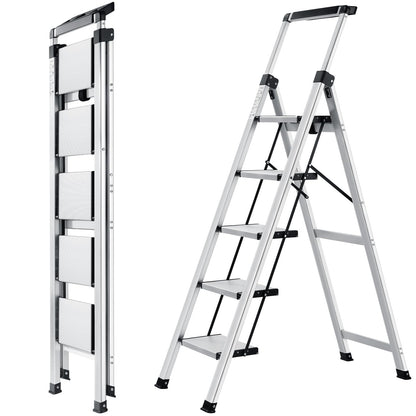 XinSunho 5 Step Ladder, Retractable Handgrip Folding Step Stool with Anti-Slip Wide Pedal, Aluminum Stool Ladders 5 Steps, 330lbs Safety Household Ladder