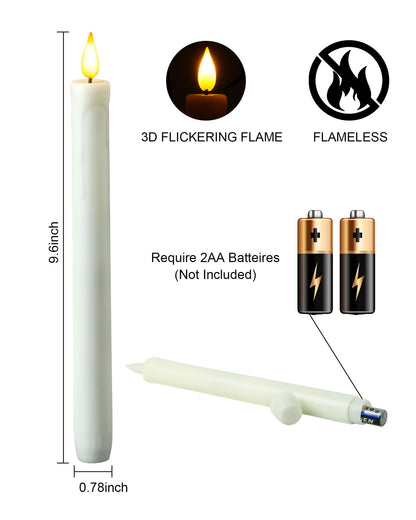 Homemory 6 Pack Flameless Taper Candles, No Remote, Realistic Flickering Battery Operated Candlesticks, White LED Plastic Candle Safe for Weddings, Table Decor, Christmas, and Halloween