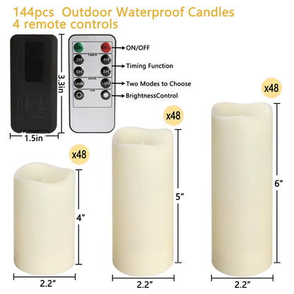 Wfmolcand 144-Pack LED Flameless Flickering Candles with Remote Control and 2/4/6/8 H Timer Led Pillar Candles of Wedding, Table, Halloween,Christmas Decorations and Special Occasions (Three Sizes)