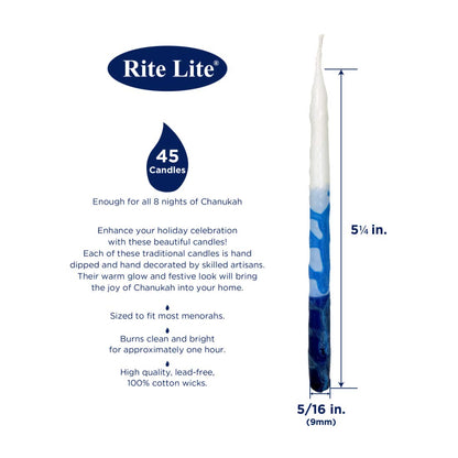 Rite -Lite Judaica Premium Chanukah Candles. Handcrafted, Tri-Color Blue/White Stripe. Box of 45