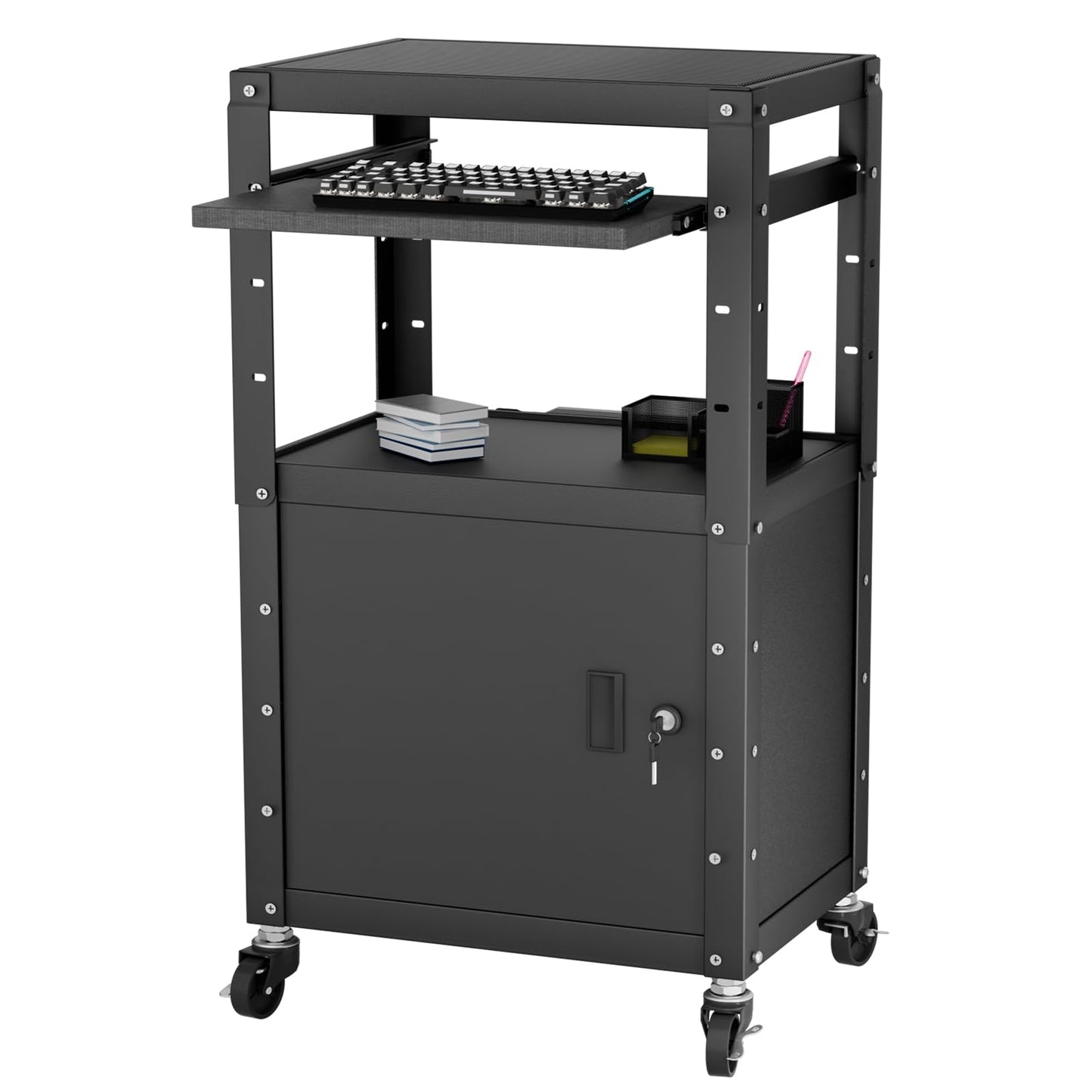Mobile AV Cart with Cabinet, Rolling Computer Cart Height Adjustable Rolling Media Utility Cart with Extra Storage Space, 4 Outlets, Pullout Keyboard Tray Perfect for Home or Office Use