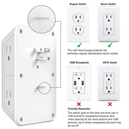 JcBlaon Outlet Extender Surge Protector - 6 Outlet Splitter with 4 USB Ports (2 USB C), Multiple Plug Expander Wall Charger, 3 Sided Multi Plug Wall Adapter Power Strip for Home Office Kitchen Travel