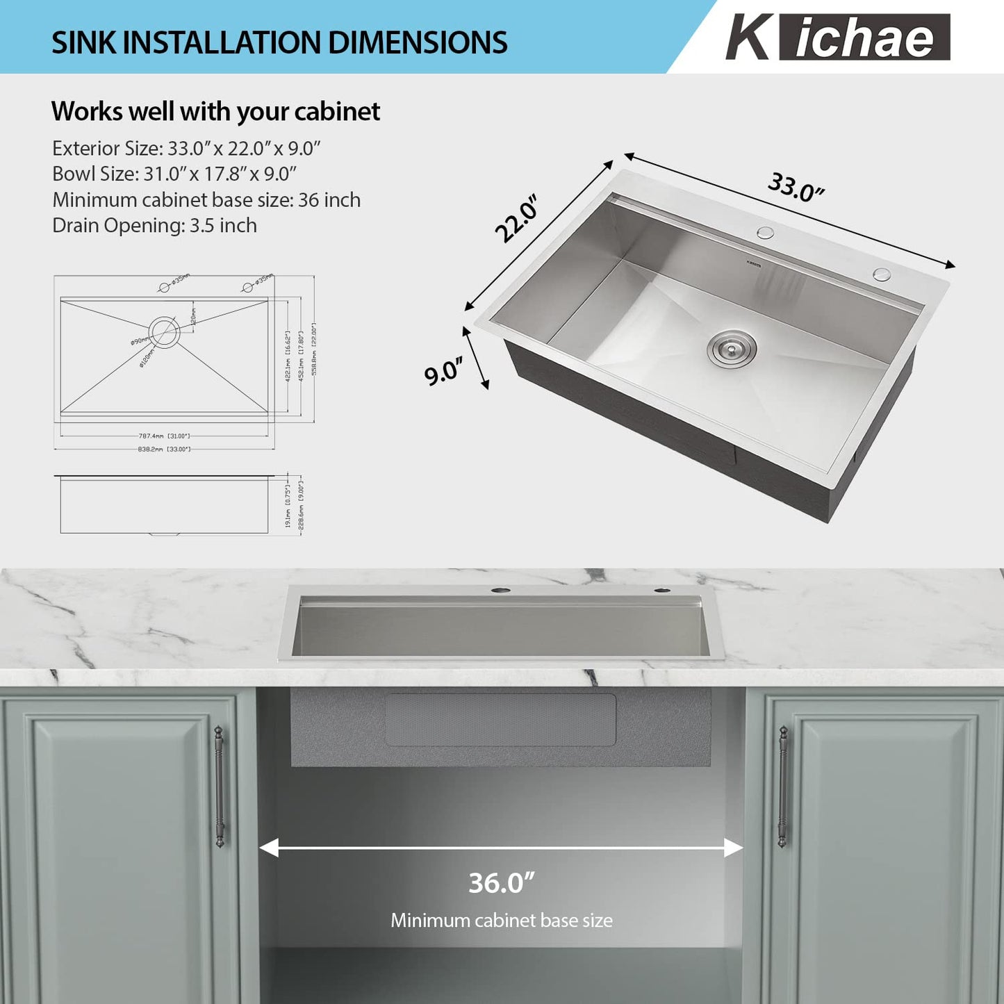 Kichae 33 Kitchen Sink Drop In - 33 x 22 Kitchen Sink Ledge Workstation Topmount Drop-In Single Bowl Stainless Steel 16 Gauge Single Bowl