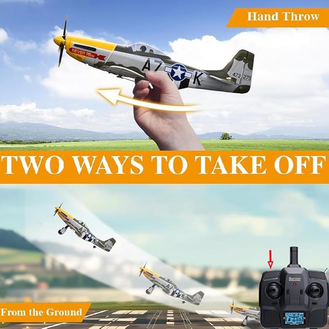 RC Plane 5CH 1406 Brushless P51D Mustang RC Airplane with 3D Aerobatic and 6-Axis Gyro 510mm 2.4GHz Radio RC Planes for Adult Beginners with Spare Battery and Propeller (Regular Version -2 Batteries)