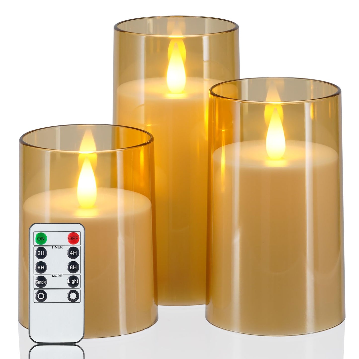 Homemory Realistic Flickering Flameless Candles, Battery Operated Candles with Remote Control and Timer, LED Fake Electric Candle for Home, Christmas Decoration, Gold, Set of 3