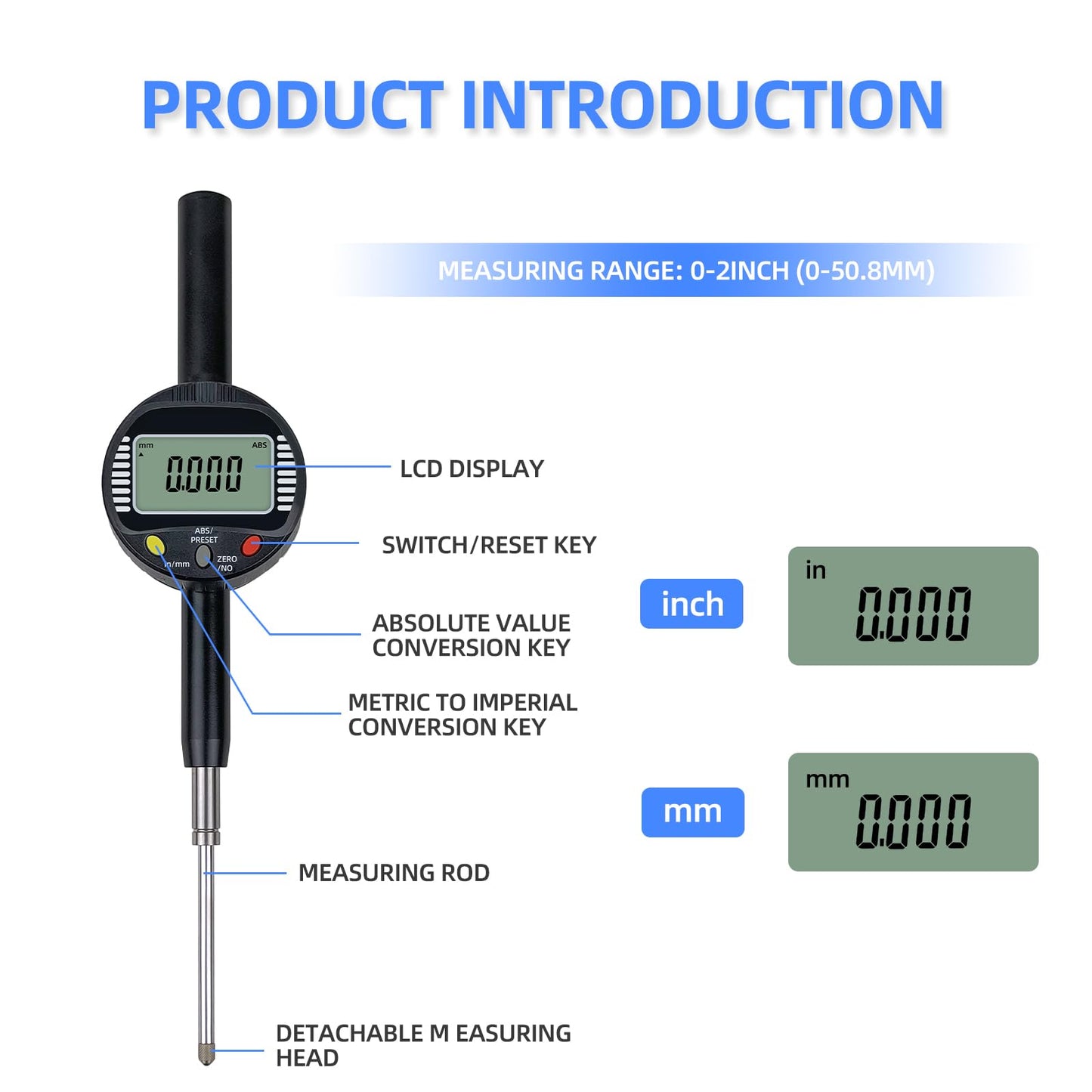 Digital Dial Gauge,with A Range of 50.8mm/2 in,Dlectrical Digital Indicator Graduation of 0.001mm,Metric and Imperial Measure Tool.Electronic Dial Gauge for Bearing Measurement and CNC Machine