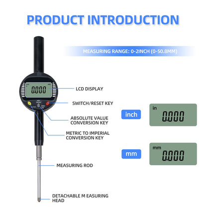 Digital Dial Gauge,with A Range of 50.8mm/2 in,Dlectrical Digital Indicator Graduation of 0.001mm,Metric and Imperial Measure Tool.Electronic Dial Gauge for Bearing Measurement and CNC Machine