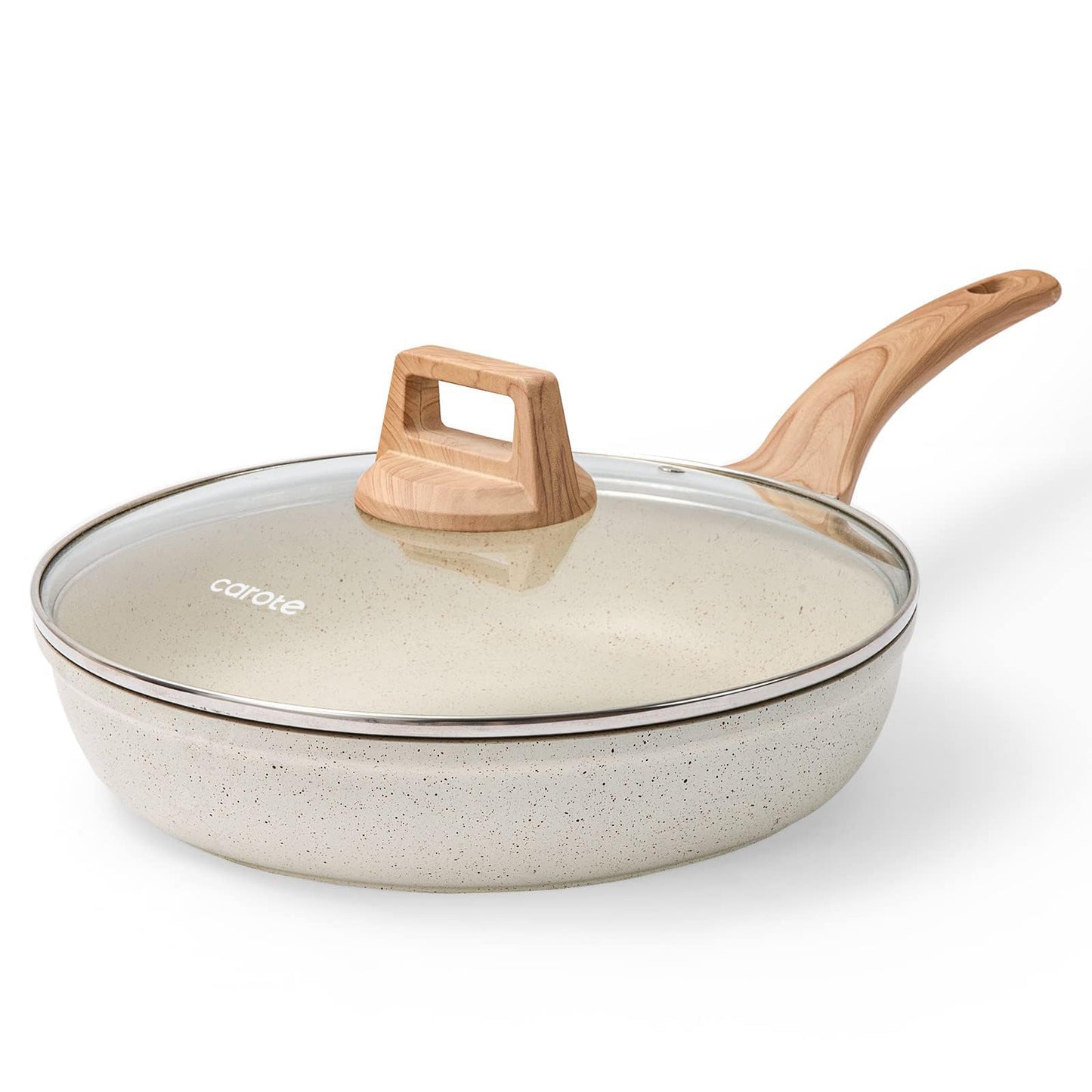 CAROTE Non Stick Frying Pan Skillet,10" Nonstick Fry Pan with Glass Lid, Egg Pan Omelet Pans, Granite Cookware PFOA Free White Granite, 10-Inch