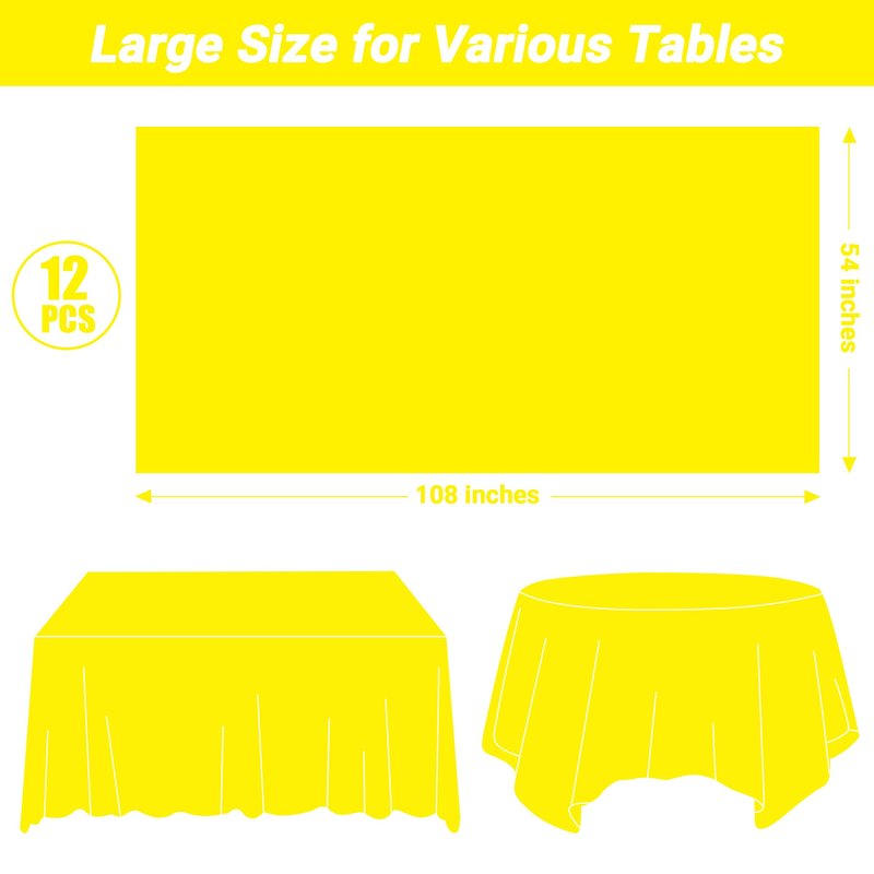 QZYL 12 PCS Yellow Rectangle Tablecloth, Disposable Plastic Picnic Table Cover, 54 X 108 in Lightweight Table Cloth Rectangle for Birthday Parties Weddings Picnics and Outdoor Gatherings