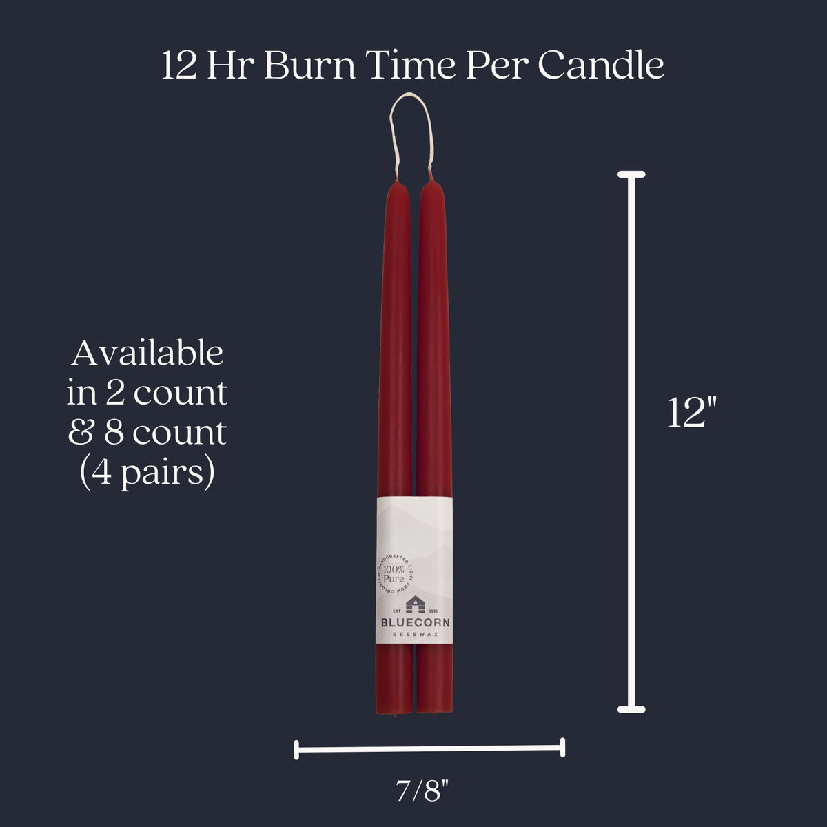 Bluecorn Beeswax Taper Candles, 100% Pure Natural Bees Wax, Pair of 12 Inch Burgundy Tapered Candlesticks, Clean Burning & Dripless, Fragrance Free, Long Lasting, Home Decor, American Made, 1 Count
