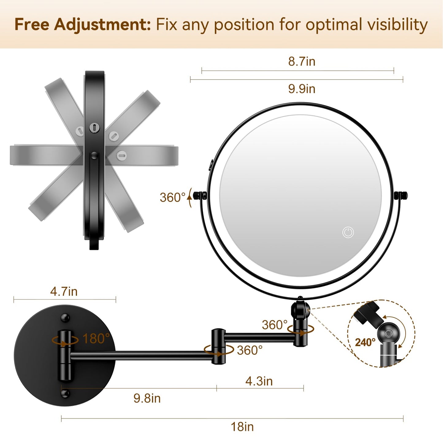 9" Wall Mounted Lighted Makeup Mirror,4000mAh Rechargeable Double Sided 1X/10X Magnifying Mirror with Light,Touch Dimmable,Extended Arm 360 Rotation Wall Mounted Makeup Mirror 3 Color Lights-Black