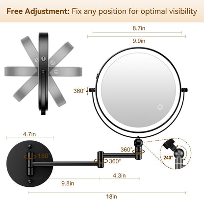 9" Wall Mounted Lighted Makeup Mirror,4000mAh Rechargeable Double Sided 1X/10X Magnifying Mirror with Light,Touch Dimmable,Extended Arm 360 Rotation Wall Mounted Makeup Mirror 3 Color Lights-Black