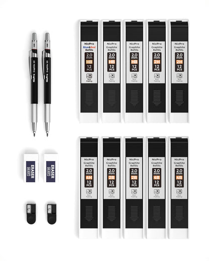 Nicpro 2mm Metal Mechanical Pencil Set, 2PCS Lead Holder 2.0 mm Marker Artist Carpenter Pencils with 120 Graphite Lead Refill (HB 2H 4H 2B 4B & Color), 2 Eraser for Drafting, Drawing Writing Sketching