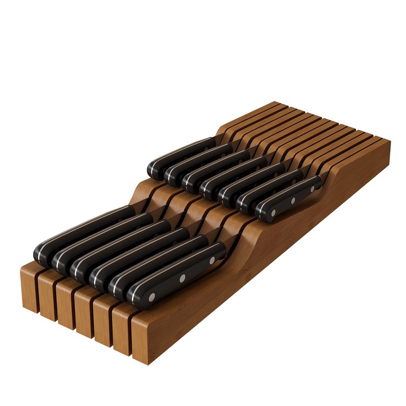 In-Drawer Knife Block Organizer - Bamboo Wood Drawer Knife Organizer-Protecting Knife Organizer Block (Not Included) (Brown, 13 Knives Dock)