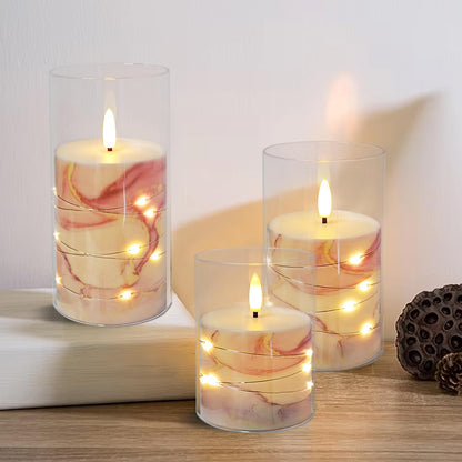 Flickering Flameless Candles Pink Marble Embedded Star String Lights, Battery Operated Acrylic LED Pillar Candles with 11-Key Remote and Timer for Home Decoration, 3 Pack