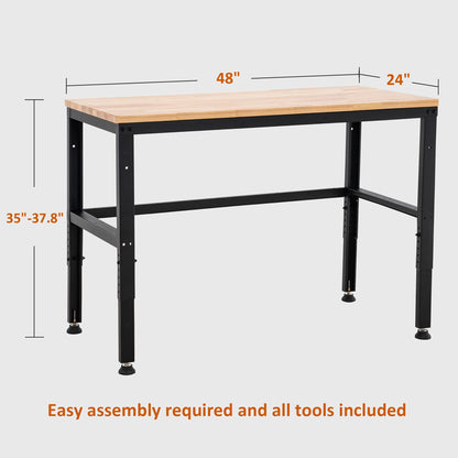MCombo 48" Adjustable Workbench with Oak Wood Top, Overall Steel Frame Worktable for Garage, Workstation for Workshop and Home Improvement WD48