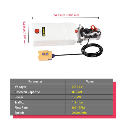 SHORELEV 12V DC Single Acting Hydraulic Power Unit, 8L Hydraulic Pump Plastic Reservoir, 3000 PSI for Dump Trailers, Snow Plows, Log Splitters, Lift Gates