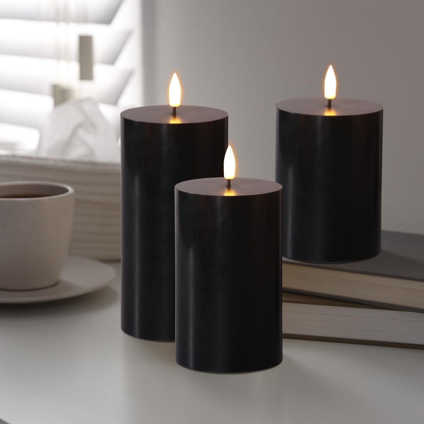 Girimax Black Flameless Pillar Candles with Remote, Flickering LED Wax Candles Battery Operated Set of 3