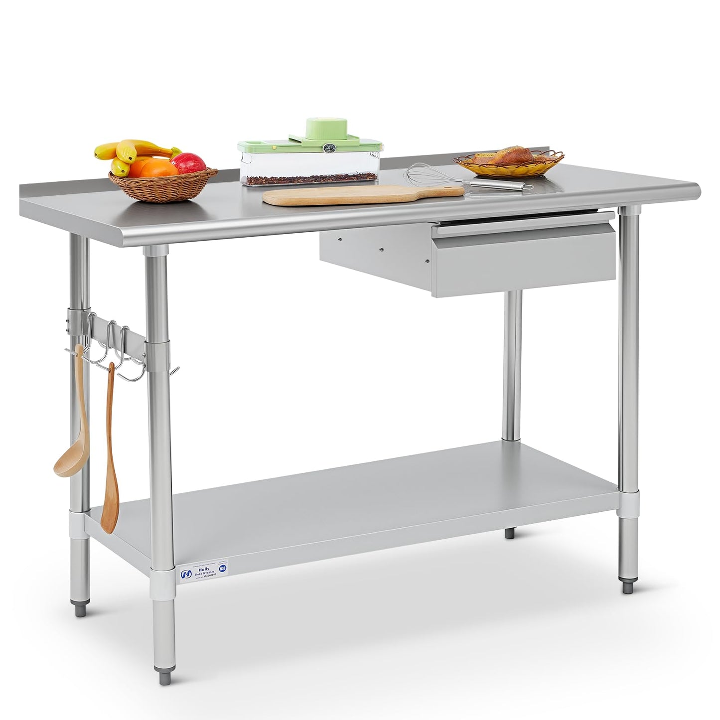 Hally Stainless Steel Prep Table 24 x 48 Inch with Backsplash, NSF Certified Commercial Work Table with Drawer, Removable Stainless Steel Pan, Undershelf and Side Hook for Restaurant, Home, Garage
