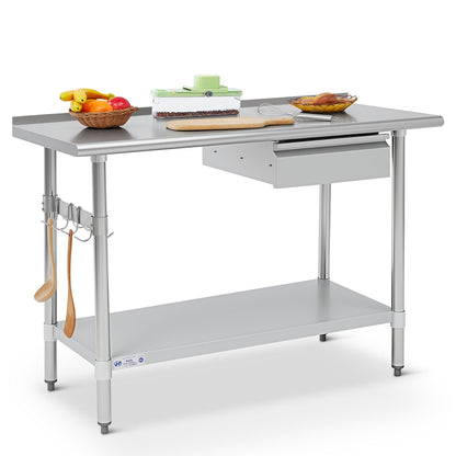 Hally Stainless Steel Prep Table 24 x 48 Inch with Backsplash, NSF Certified Commercial Work Table with Drawer, Removable Stainless Steel Pan, Undershelf and Side Hook for Restaurant, Home, Garage