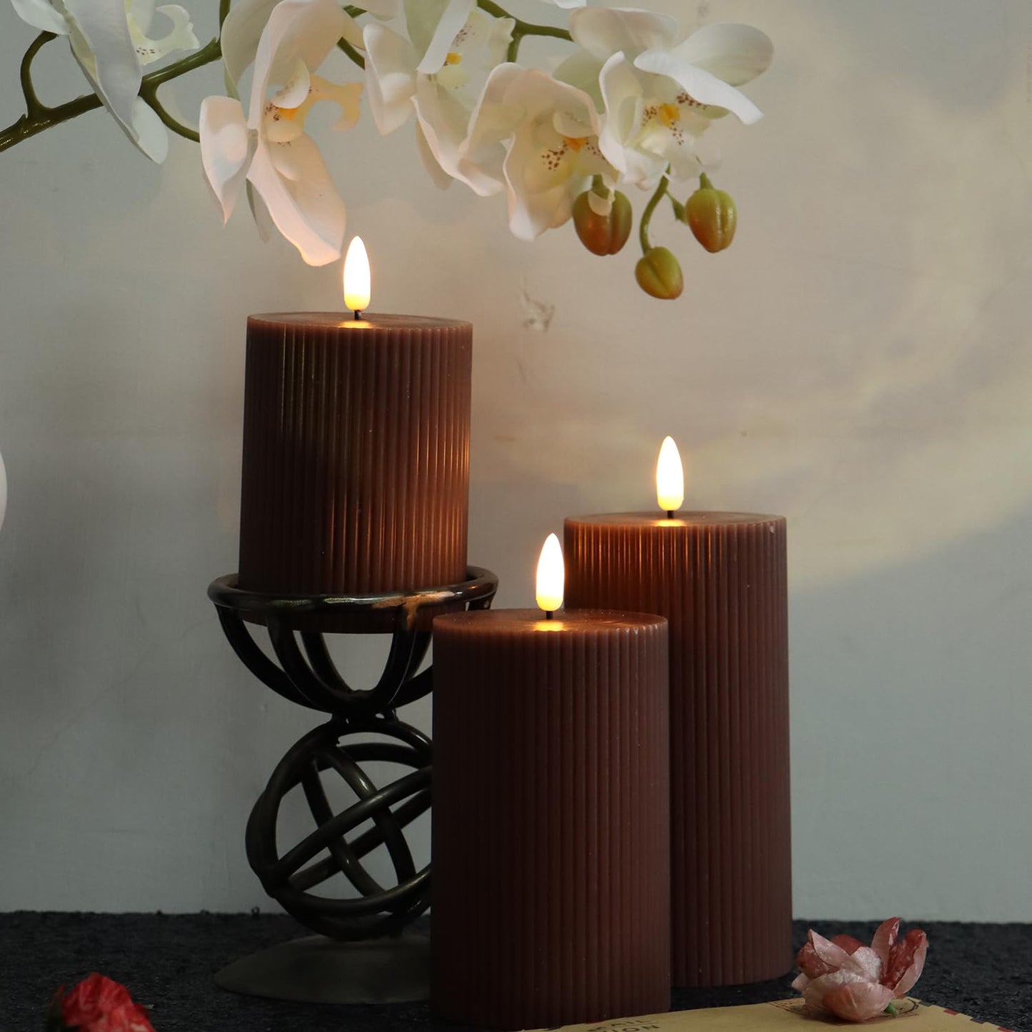 3 Pack Wax LED Flameless Candles with Remote Real Wax Battery Operated Electric Pillar Candle Set with Vertical Stripes 3D Black Wick for Home Party Wedding Decorations, Brown, D 3 x H 4/5/6 inch