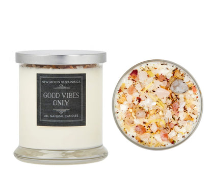 Good Vibes Only Candle by New Moon Beginnings - Negative Energy Cleansing - Soy Aromatherapy Candle - Handmade with Crystals & Herbs (12oz Round Glass Jar)