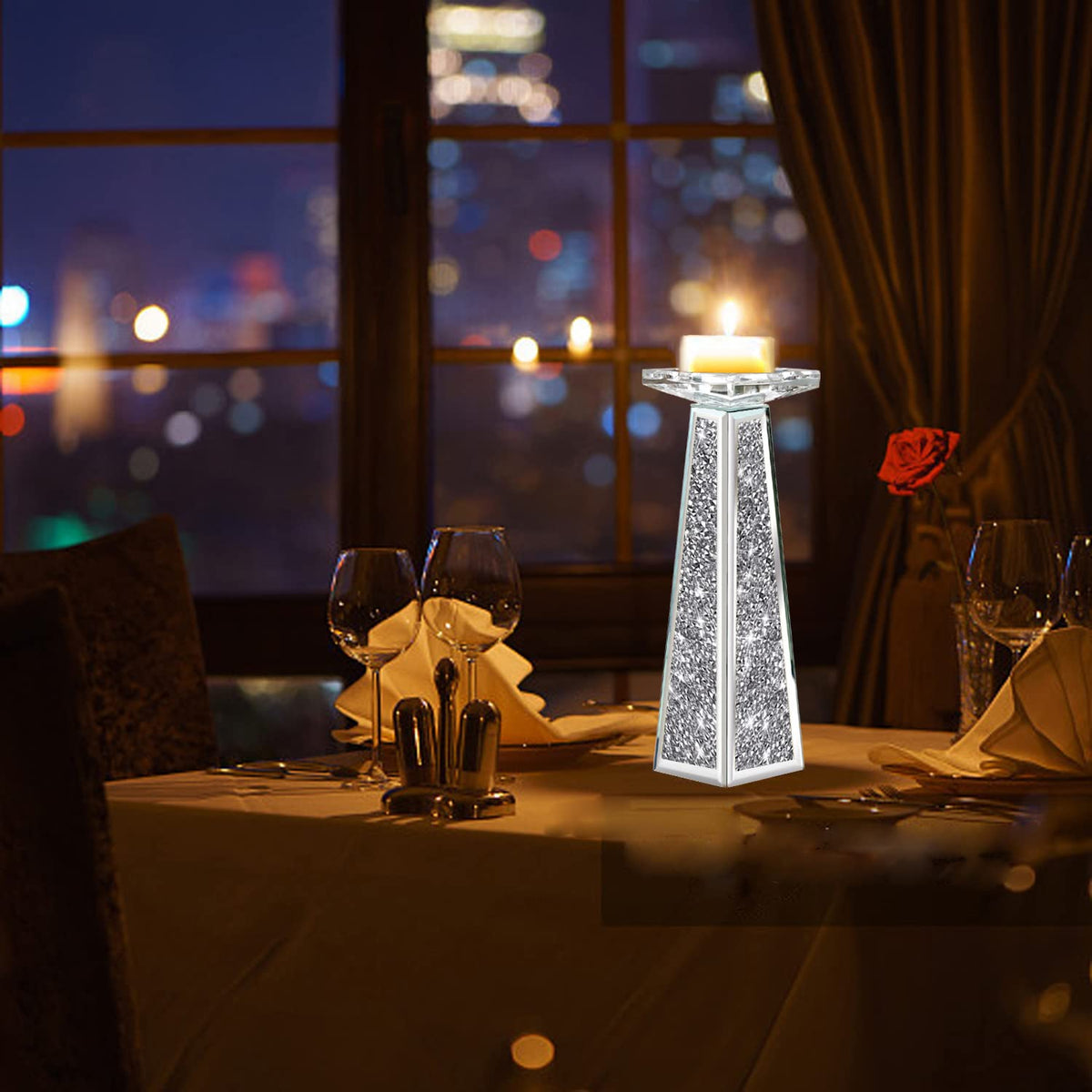 Wocred 2 Piece Candlestick Holders for Holding Pillar Candles, Crystal Crushed Diamond Candle Holders Set Decor for Dinning Room, Silver Glass Votive Candle Holders for Table Centerpiece(12”)