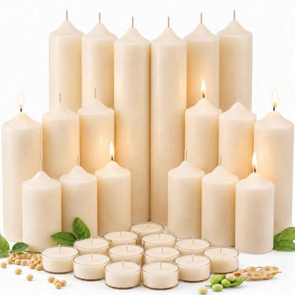 18 Pack Soy Wax Pillar Candle Set for Weddings & Home Decor, Layered Candle Kit with 6 of Each Size (2x3, 2x6 & 2x8) and 12 Tea Lights, Dripless Long Burning White Candles for Centerpieces &Parties