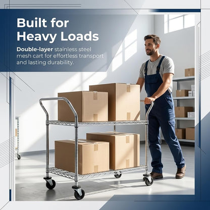Finnhomy 2-Tier Commercial Grade Rolling Cart, Heavy Duty Utility Cart, Carts with Wheels and Handles, Kitchen Cart on Wheels, Metal Serving Cart with 500 lbs Capacity, Shelf Size 20" D x 36" W, NSF