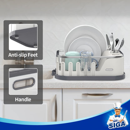 MR.SIGA Dish Drying Rack for Kitchen Counter, Compact Dish Drainer with Drainboard, Utensil Holder and Cup Rack, Plastic Kitchen Drying Rack for Dishes, Cups, Knives, Spoons and Forks, White
