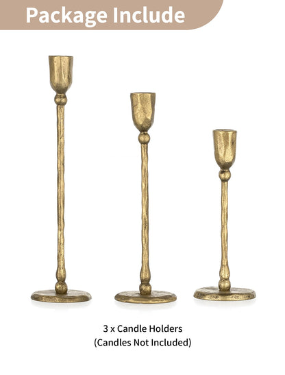 NUPTIO Iron Taper Candle Holders: Antique Brass Candlestick Holder for Thanksgiving Christmas Party - Set of 3 Tall Gold Candles Stick Decor for Fireplace Table Centerpiece