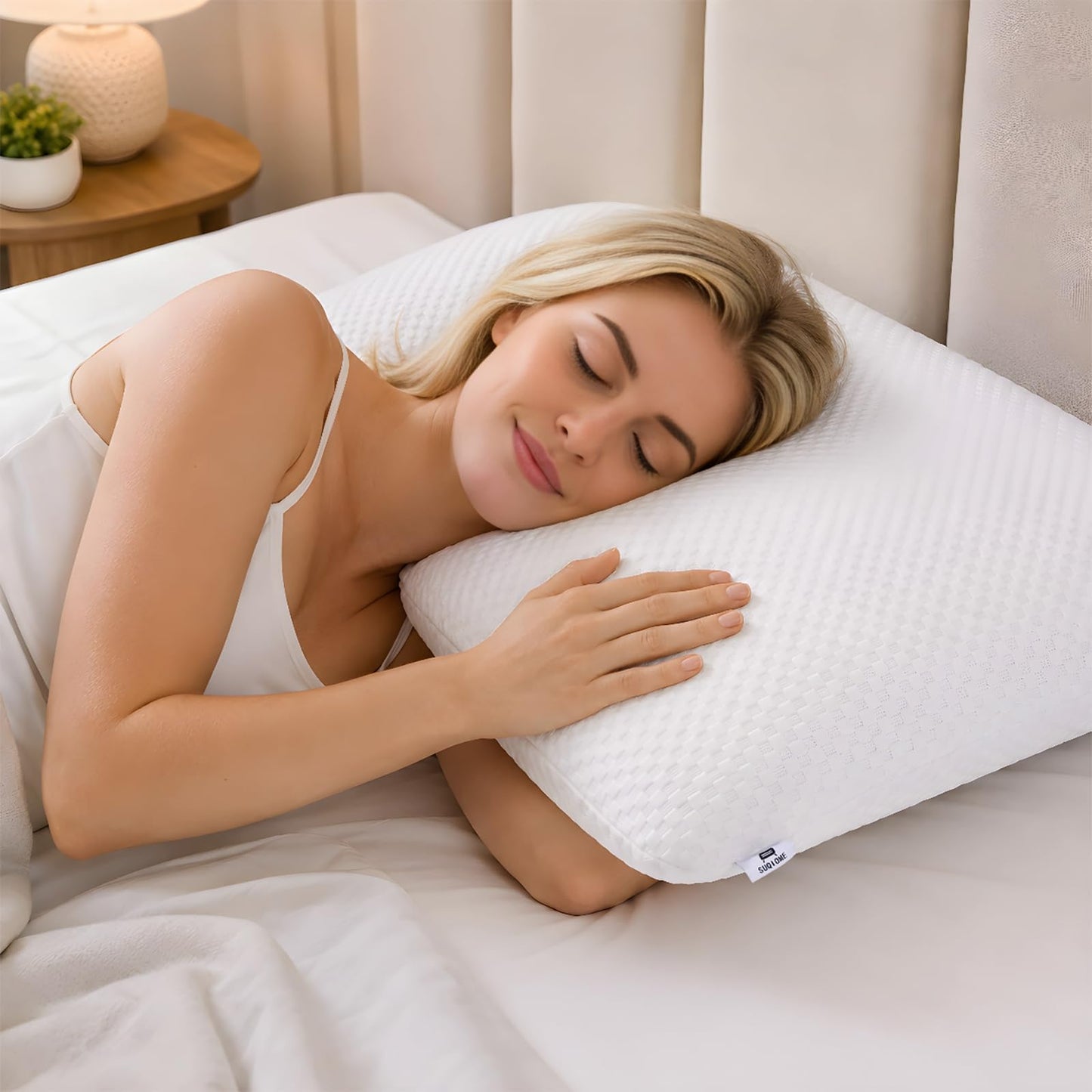 SUQ I OME Adjustable Slim Sleeper -Thin Flat Latex Pillow for Sleeping with 2 Removable Layers 3 Heights(1'', 2.5'', 3.5''), for Stomach, Side and Back Sleepers,Twill White