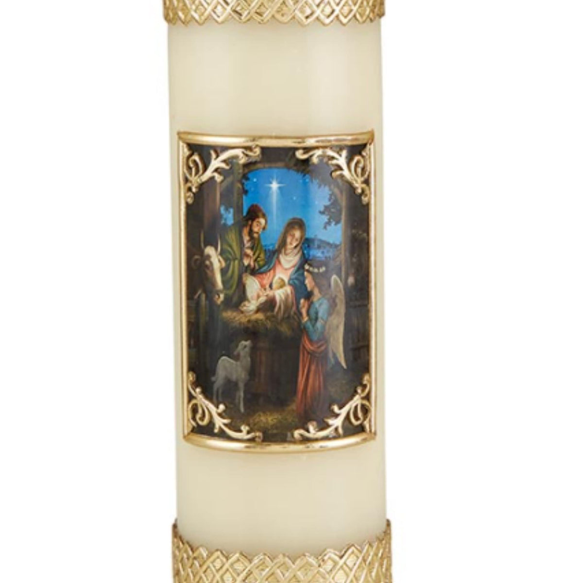 Needzo Gold Tone Nativity Scene Ornate Pillar Candle for Christmas Mass Decoration or Holiday Candles for Homes, Mantels or Centerpieces, 7.75 Inches