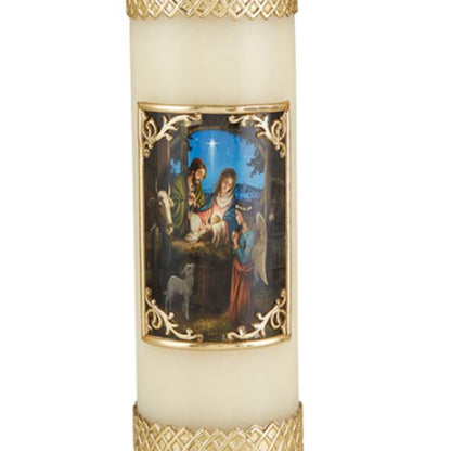 Needzo Gold Tone Nativity Scene Ornate Pillar Candle for Christmas Mass Decoration or Holiday Candles for Homes, Mantels or Centerpieces, 7.75 Inches