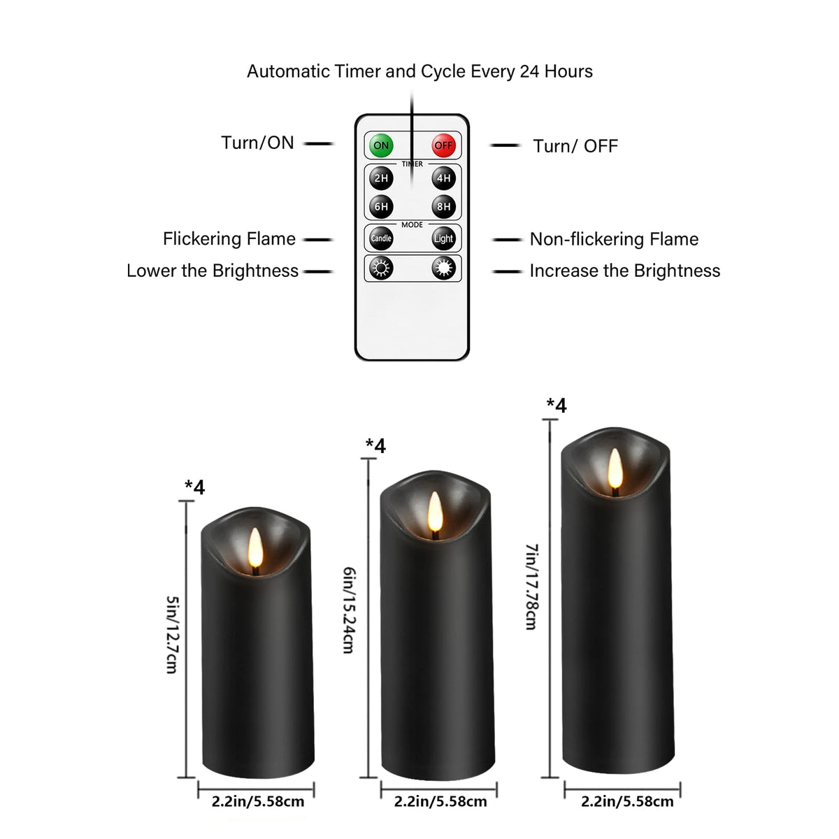 Nimiko Flameless Candles with Remote, Battery Operated Flickering Flameless Candles, LED Candles with Timer 2/4/6/8H, with Realistic LED Candles Set of 12 (D2.2 x H 5" 6" 7") (Black)