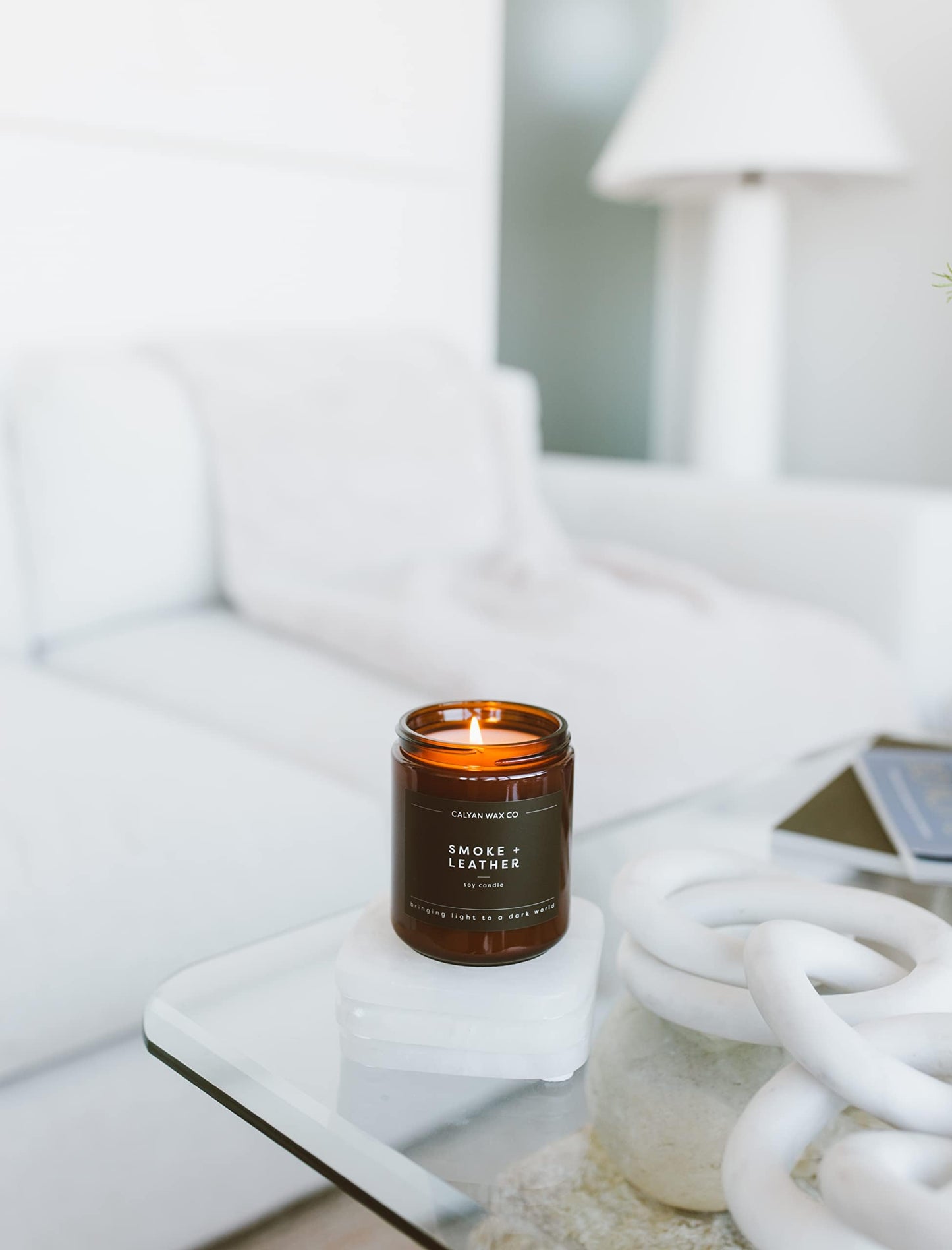Calyan Wax Co. Smoke & Leather Scented Candle - 57 Hour Burn - Luxury Clean Soy Wax Candles - Long Lasting Amber Glass Jar Candle for Home - 7.2oz
