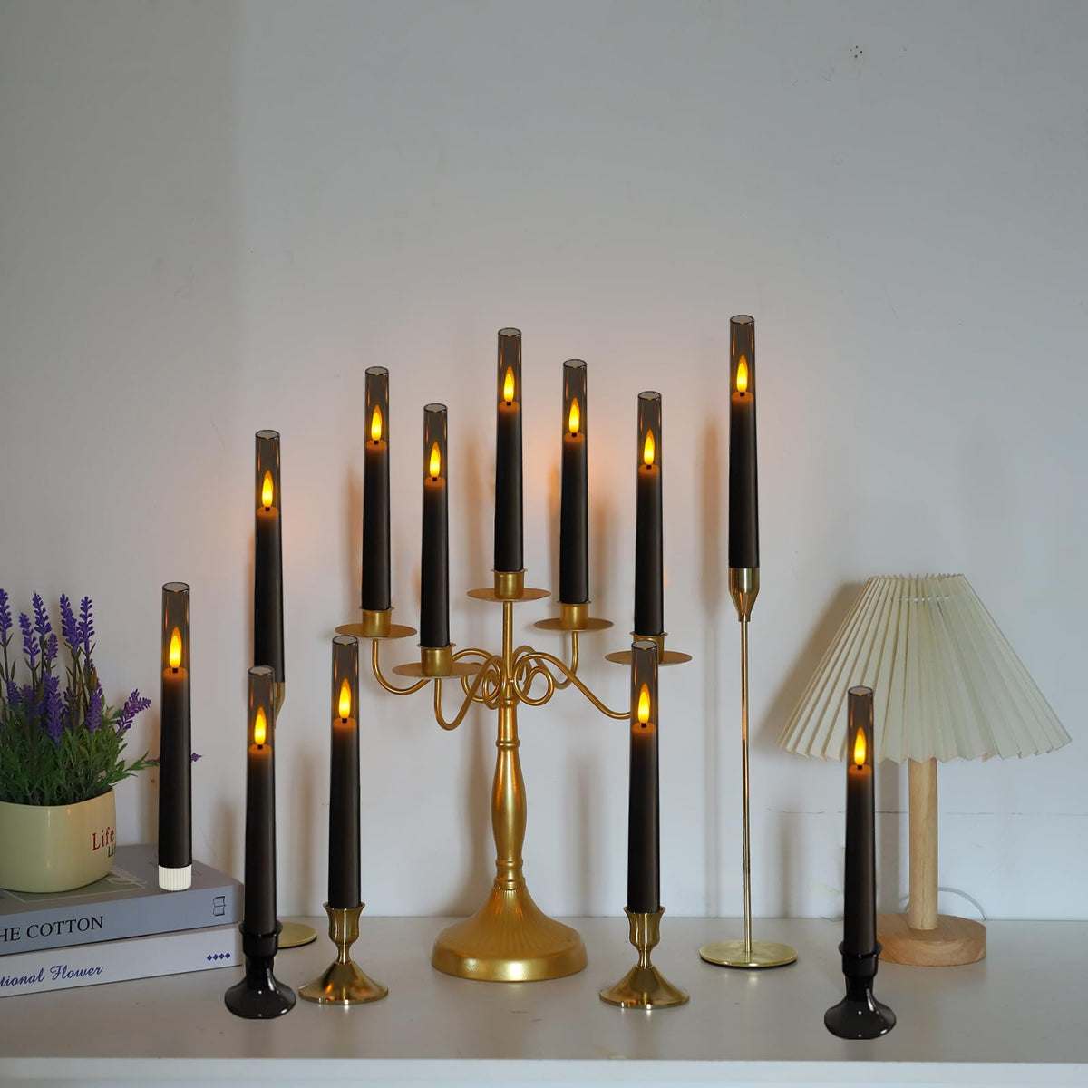 Lezonic Flameless Windows Candles Battery Operated with Timer Remote, 6Pcs Grey Acrylic Flameless Candlesticks with Holders, LED Taper Candles Flickering for Halloween Christmas, 0.8 x 8 inches