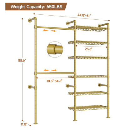 Wall Mounted Garment Rack, Walk-in Closet System with 2 Expandable Rods, 6 Adjustable Shelves, Industrial Pipe Clothing Racks, Hanging Clothes Organizers and Storage, Metal Closet Shelving Gold