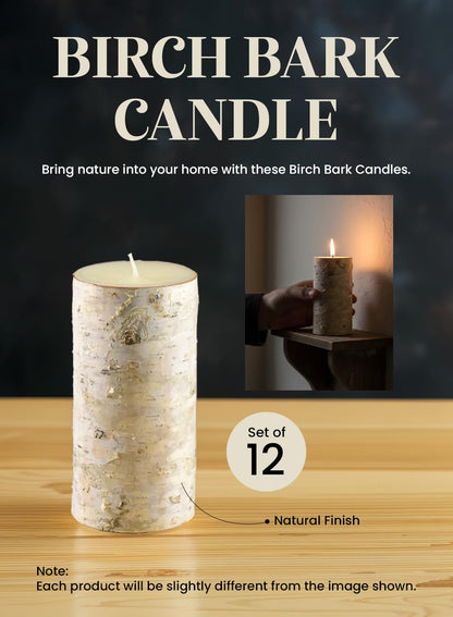 Serene Spaces Living Set of 12 Birch Bark Candle, Medium Pillar Candle, Indoors, Ideal for Weddings, Parties, Events, Restaurants, Home Decor, 3" Diameter & 5.75" Tall