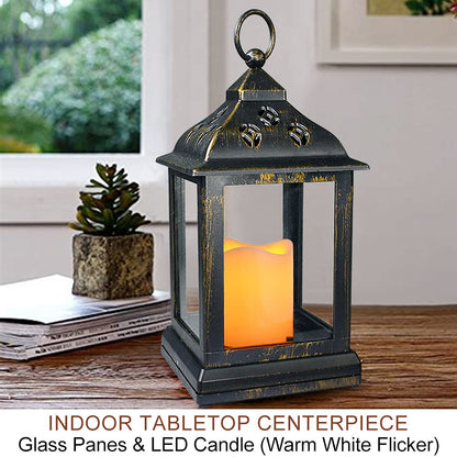 Bright Zeal 2-Pack 9.5" Distressed Bronzes Indoor Candle Lantern with LED Flameless Candle - Battery Operated Lanterns Indoor Decorative Lanterns with Timer Candles