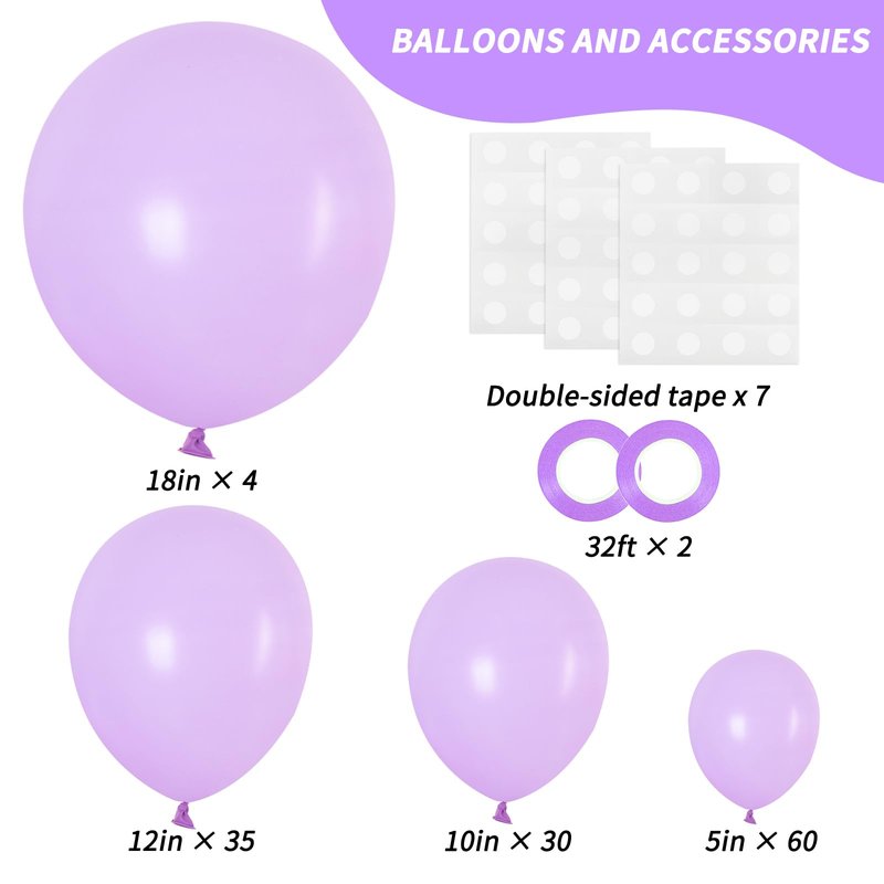 RUBFAC 129pcs Pastel Purple Balloon Arch Kit Different Sizes 18 12 10 5 Inches, Light Lavender Lilac Balloons Garland for Mother's Day Birthday Baby Shower Gender Reveal Wedding Party Decoration