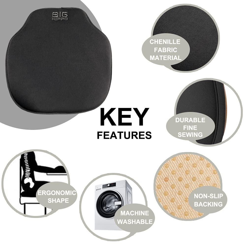 Big Hippo Thicken Memory Foam Chair Pad and Seat Cushions - Non Slip Cushion for Kitchen Chairs, 16"x15" (1 Pack, Black)