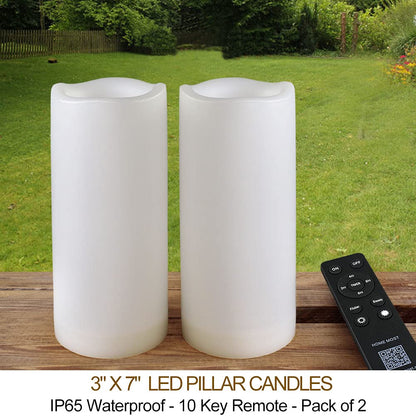 HOME MOST Pack of 2 Outdoor LED Pillar Candles 3x7 White with Timer and Remote - IP65 Waterproof Battery Operated LED Pillar Candles - Flickering Flameless Candle Unscented for Outside