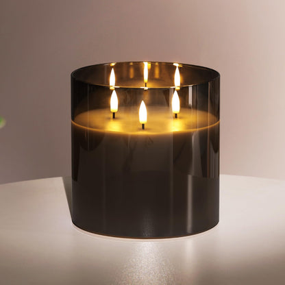Girimax 3 Wick Grey Glass Flameless Candle with Remote, Large 6x6 inch LED Pillar Candle Battery Operated Flickering