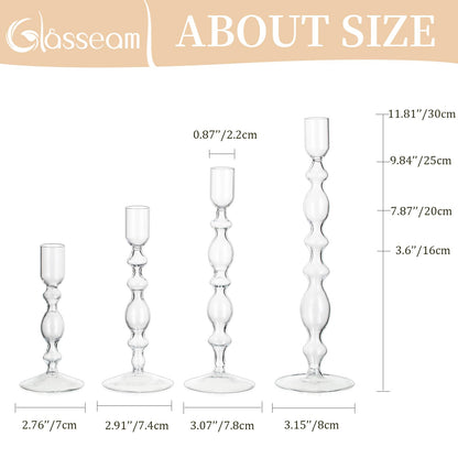 Glasseam Glass Candle Holders for Candlesticks: Clear Taper Candle Holders Set of 4 Modern Candle Stick Holder Tall Candle Holders for Table Centerpiece Wedding Party Dining Room Home Decor