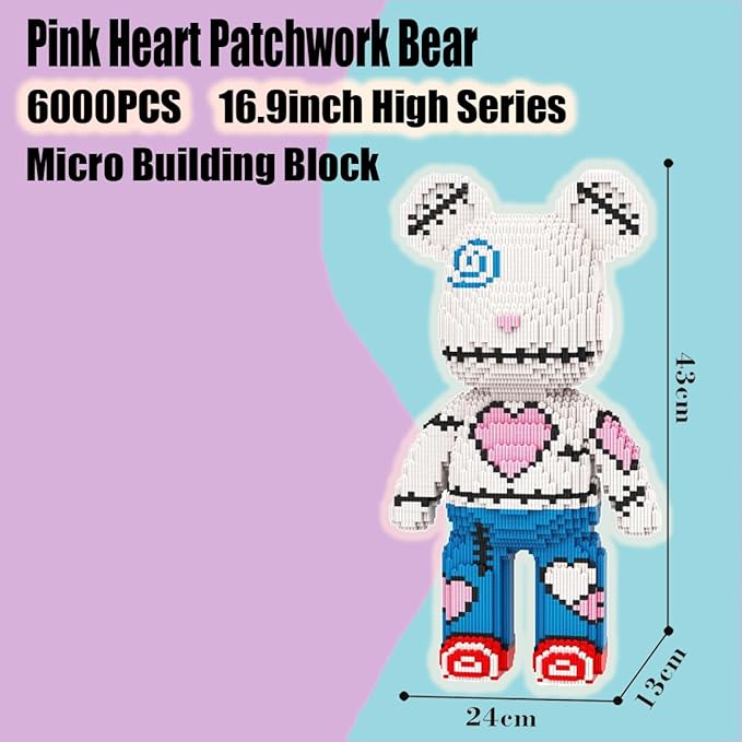 PIANTION Animal Pink Heart Patchwork Bear Micro Building Blocks Set(6000PCS XQ010) 16.9in High SeriesGifts Suitable for Adults