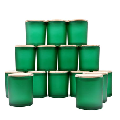 SHOWIN 10 OZ Thick Candle Jars for Making Candles 15 Pcs, Empty Jars with Wood Lids for Candle Making, Sample Container, Frosted Green