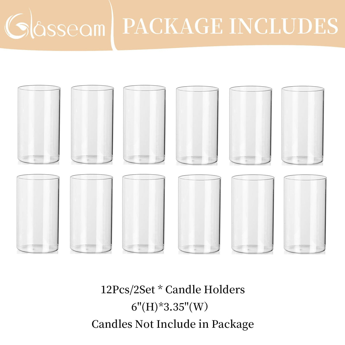 Glasseam Glass Hurricane Candle Holder Set of 12, Cylinder Pillar Candle Holders for Table, Modern Floating Candle Decorations, Clear Glass Cylinder Vase for Centerpieces Wedding Dining Table, 6inch